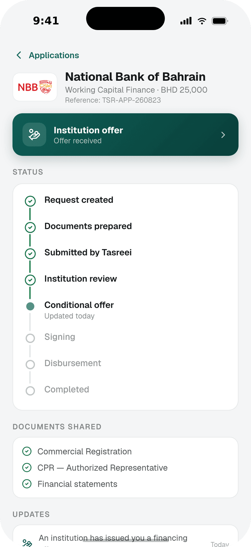 Your application, with the institutions you chose