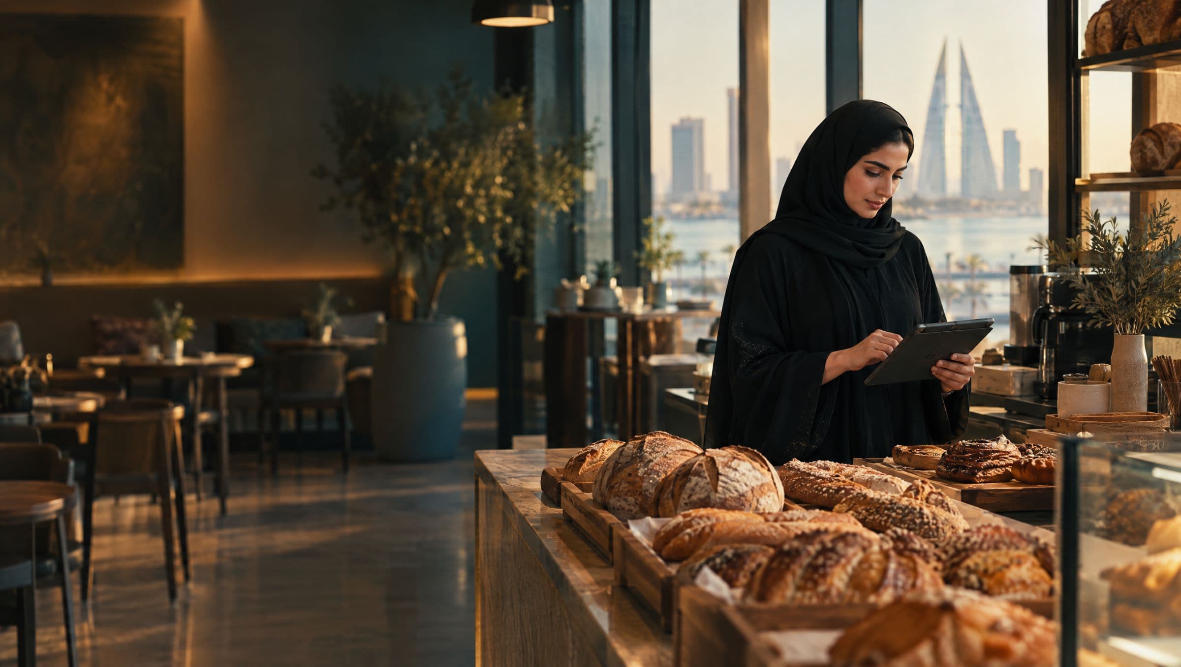 A Bahraini business owner reviewing figures in her shop
